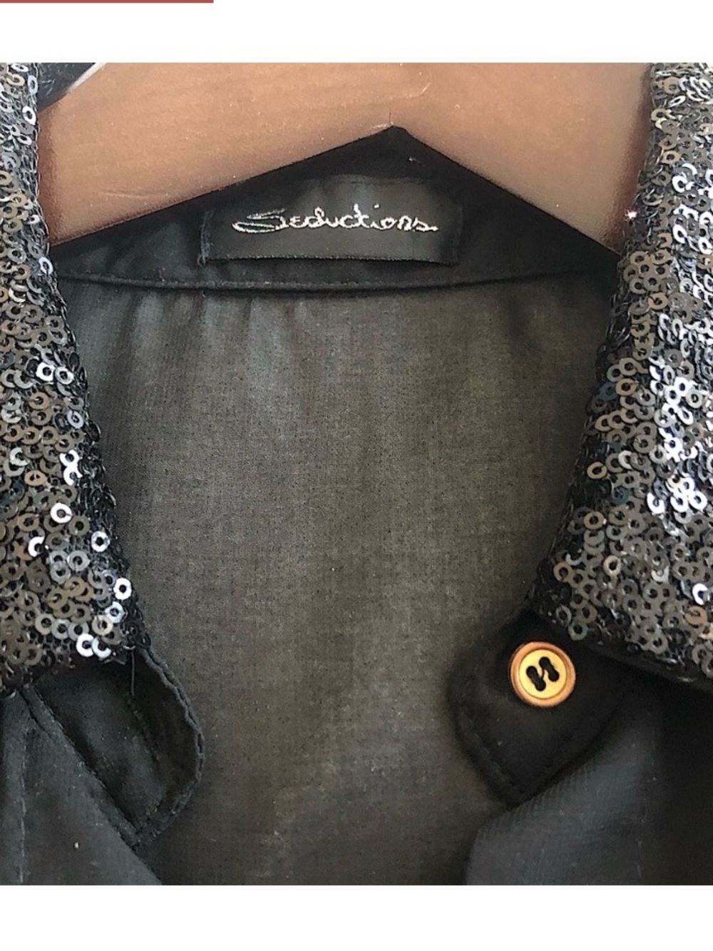 Seductions Black Blouse with Sequin Collar and Cold Shoulder